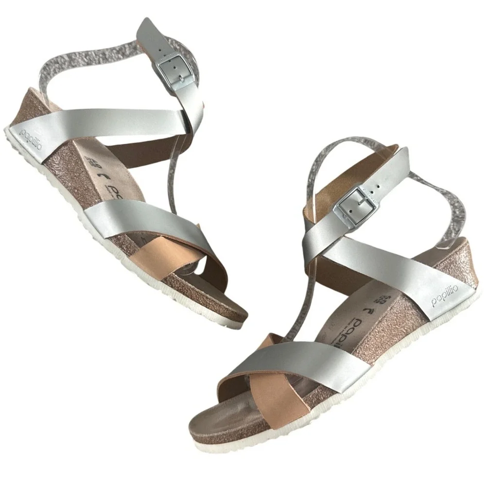 Papillio by Birkenstock LOLA Leather Frosted Metallic Silver EUR 40 US 9-9.5 EUC